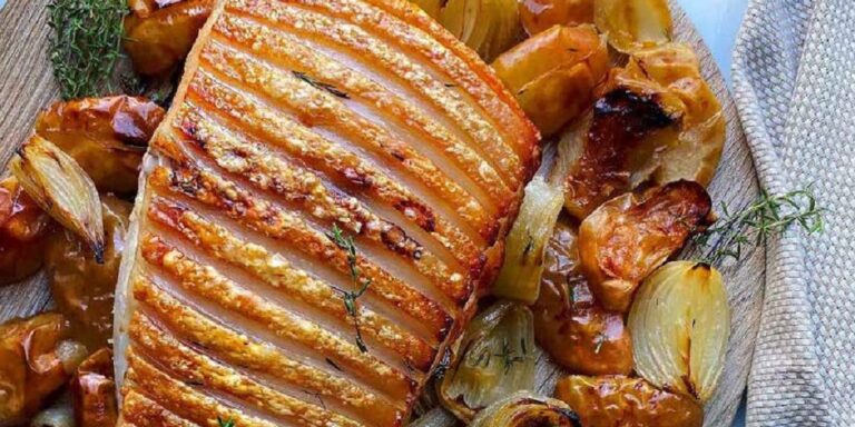 Roast pork with caramelised onions and apples